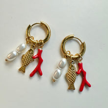 Load image into Gallery viewer, Hoop Earrings with Faux Pearl and Sea Charms
