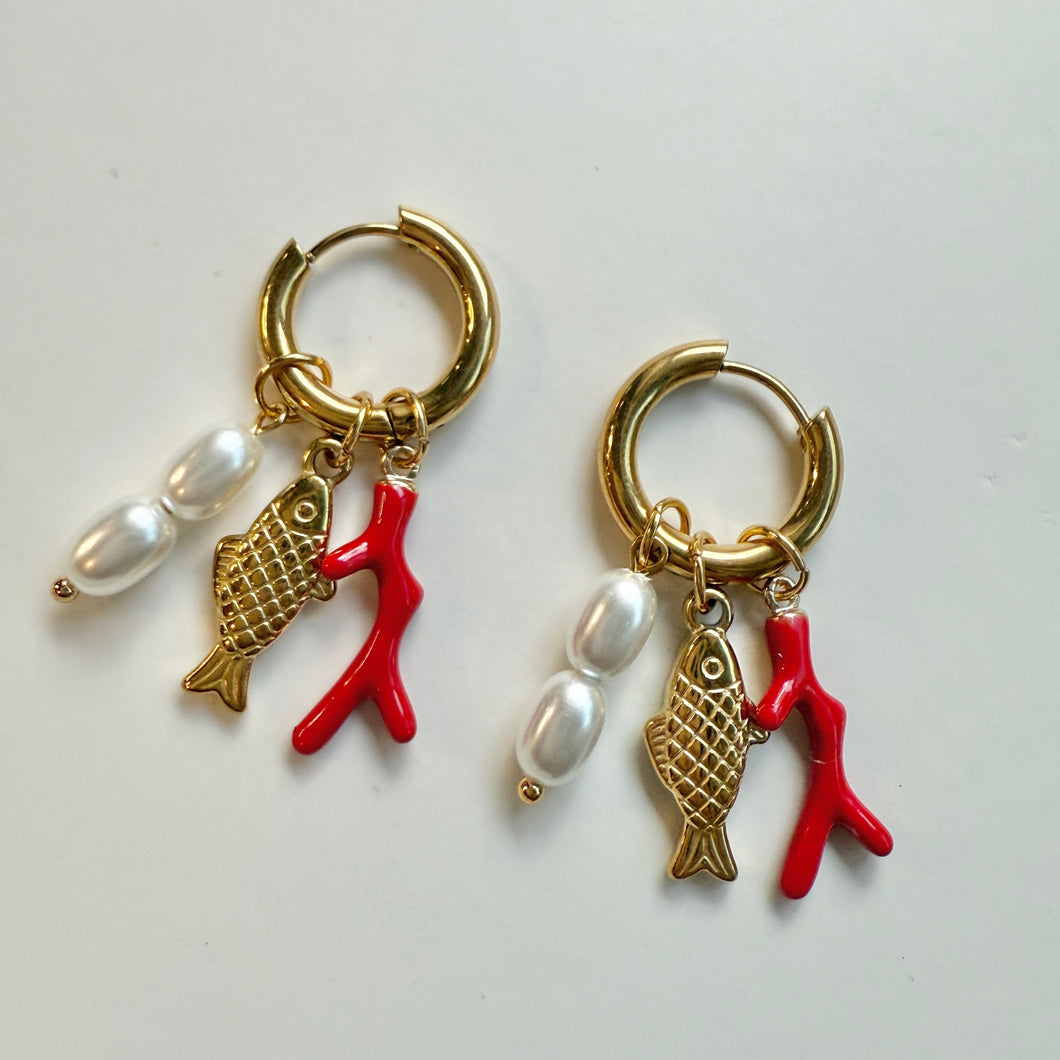 Hoop Earrings with Faux Pearl and Sea Charms